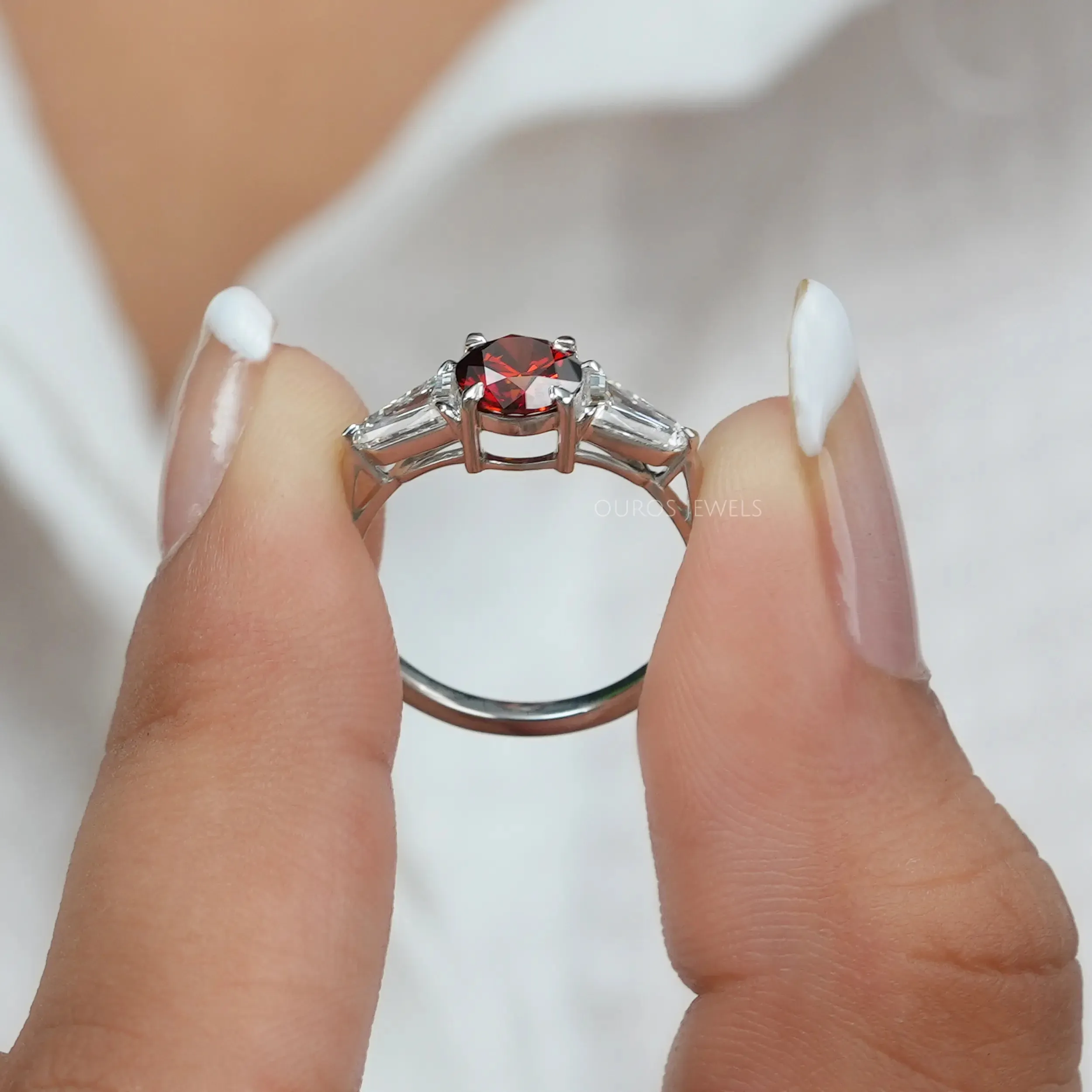 Three Stone Red Round Diamond Engagement Ring