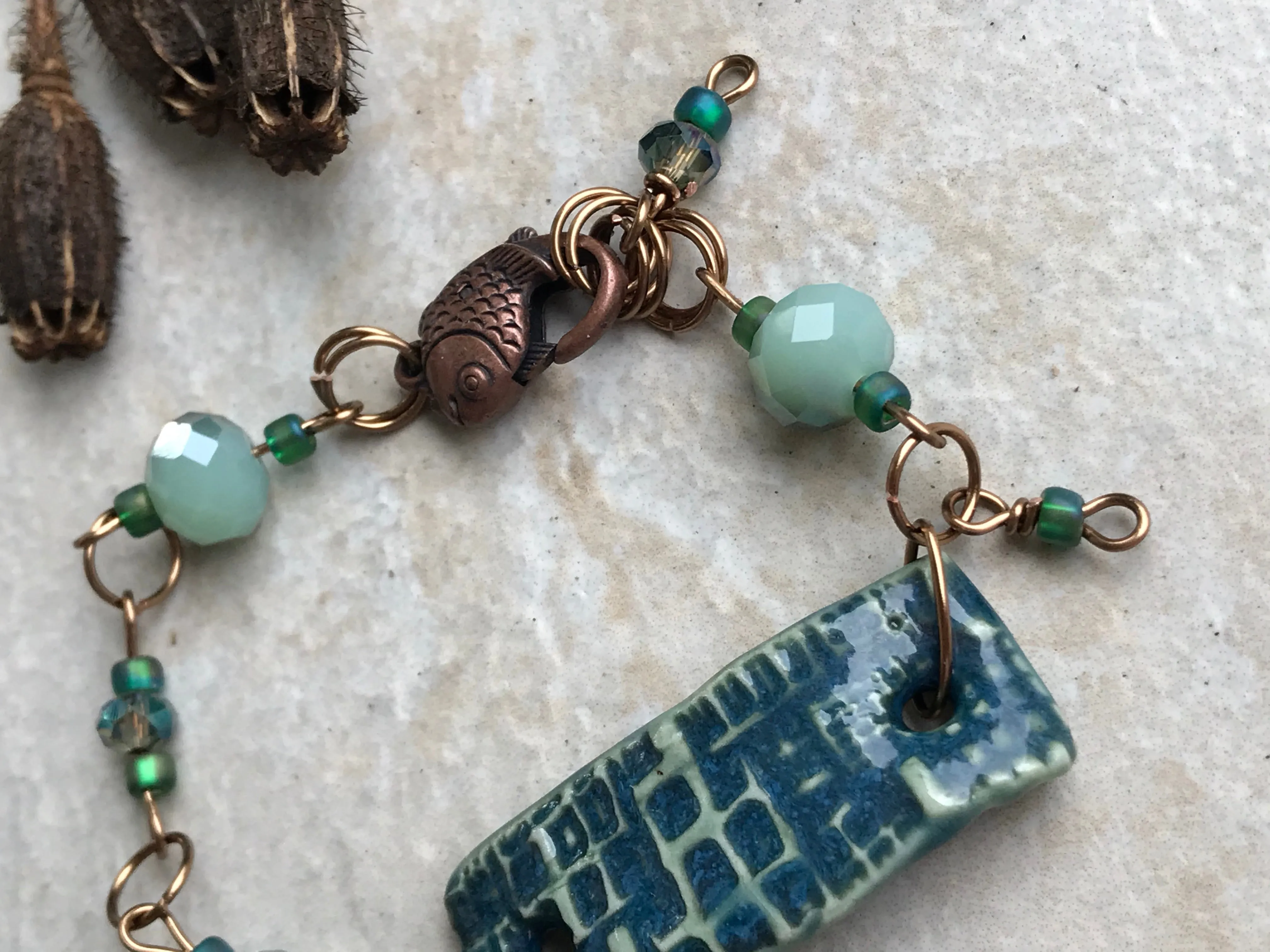 Twilight Turquoise Beaded Bracelet with Celadon Accents and Fish Clasp