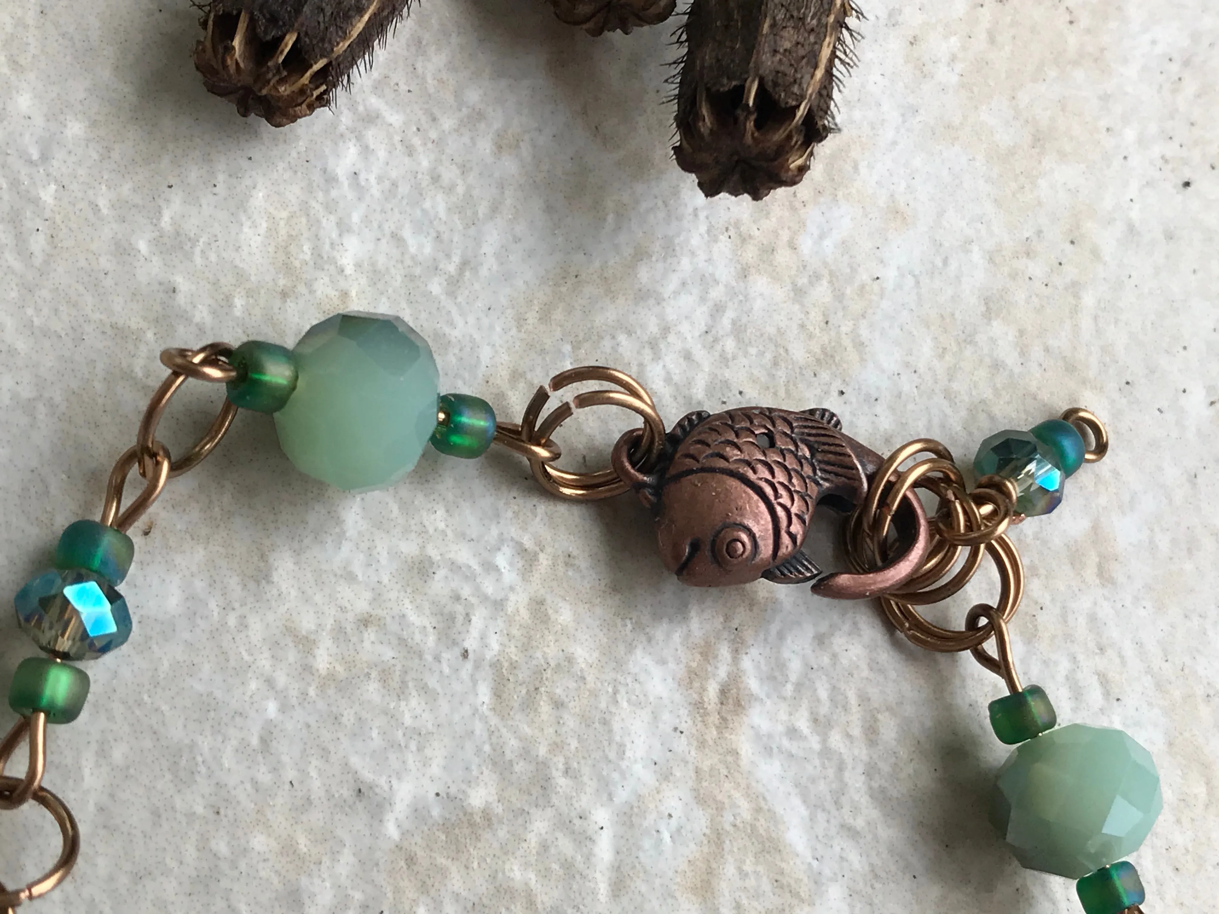 Twilight Turquoise Beaded Bracelet with Celadon Accents and Fish Clasp