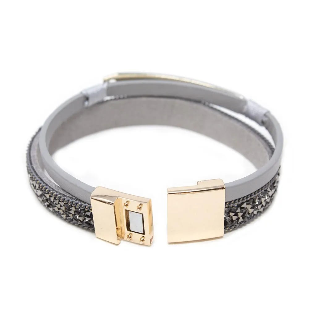 Two Row Leather Bracelet W CZ and Hammered Accent Gy