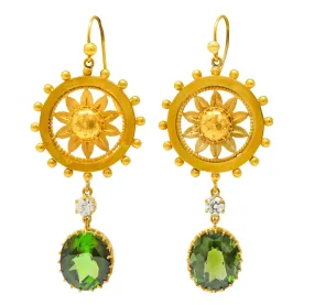 Victorian 10.36 CTW Tourmaline Diamond 14 Karat Gold Floral Drop Earrings