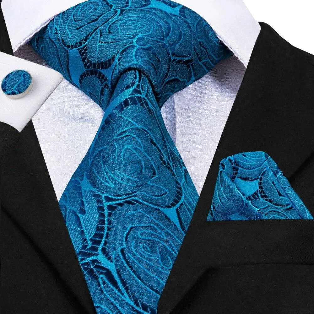 Wedding Men Silk Blue Floral Tie Pocket Square Cufflinks Neckties Set