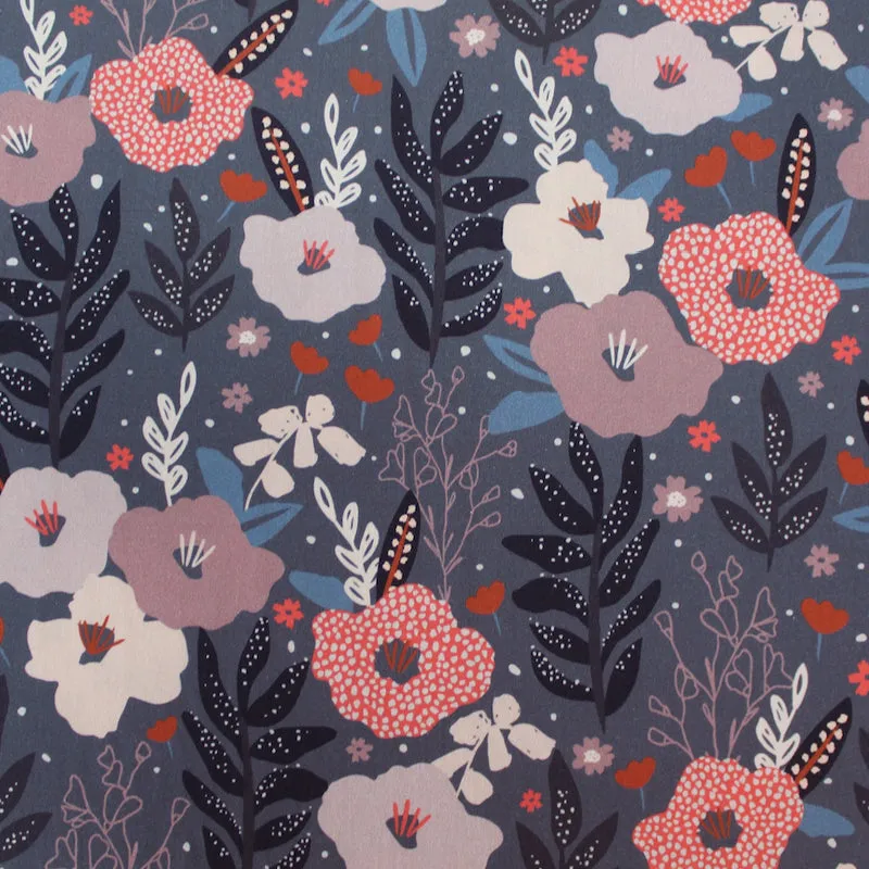 Wide Width Cotton Poplin - Enchanted Floral - Blue Grey